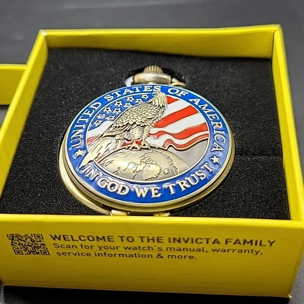 Invicta 49008 Gold Tone Pocket Watch Red White Blue American Flag Eagle Enamel